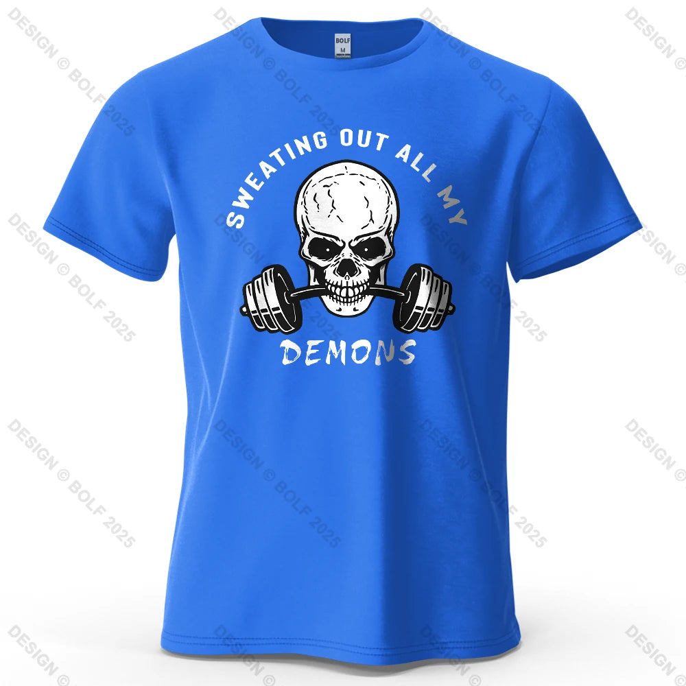 Fitness Skull Motivated Printed Men's T-Shirt 100% Cotton Oversized Gym Graphic Tees for Women Tops Tees Casual Streetwear