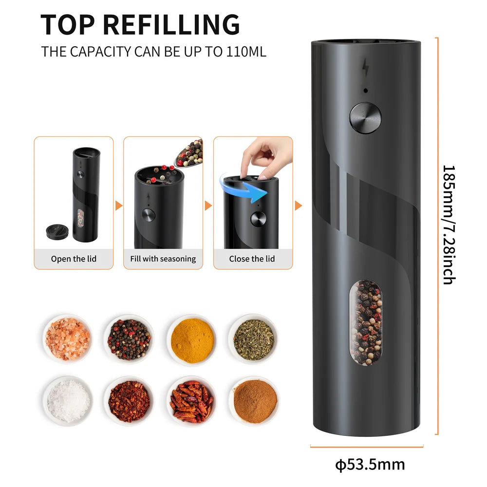 1Pc/2Pcs  Automatic Pepper Grinder Salt And Pepper Mill Adjustable Coarseness Spice Grinder with LED for Kitchen